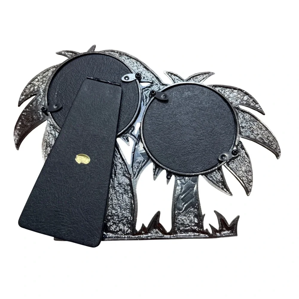 Palm Tree Double Picture Frame Pewter Silver Tone Coastal Tropical Decor
